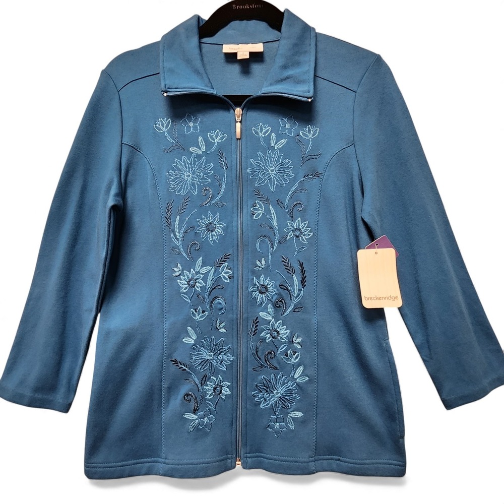 Breckenridge Sweater Jacket Small Teal Embroidered Floral Lightweight NEW READ